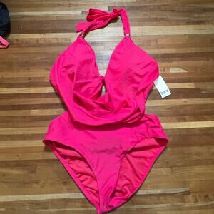 Bar III Solid Cowlneck One-Piece Swimsuit ruby pink, L